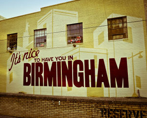 The John's City Diner mural of "It's Nice to Have You in Birmingham" in August 2014