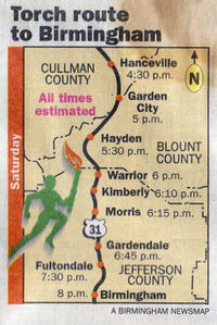 Map of Olympic Torch route through Jefferson, Blount, and Cullman counties in 1996.jpg